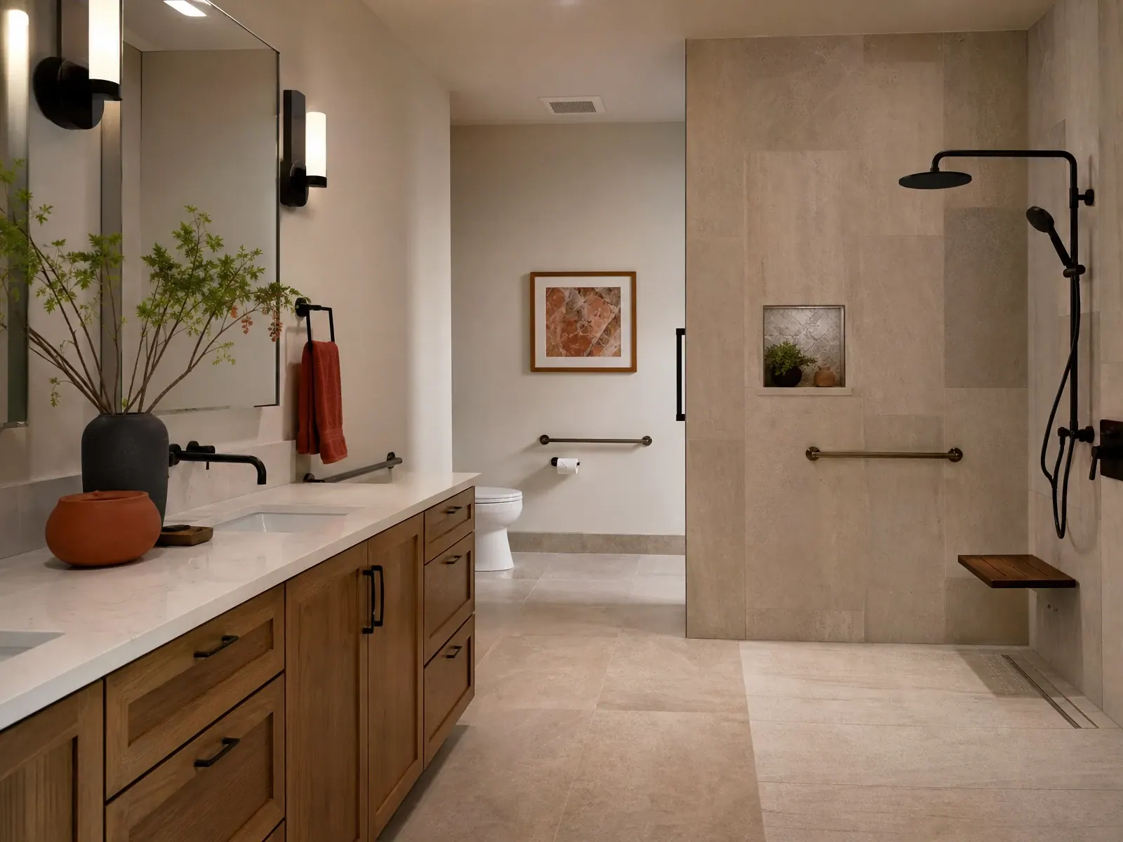 Elegant curbless shower with an accessible residential layout