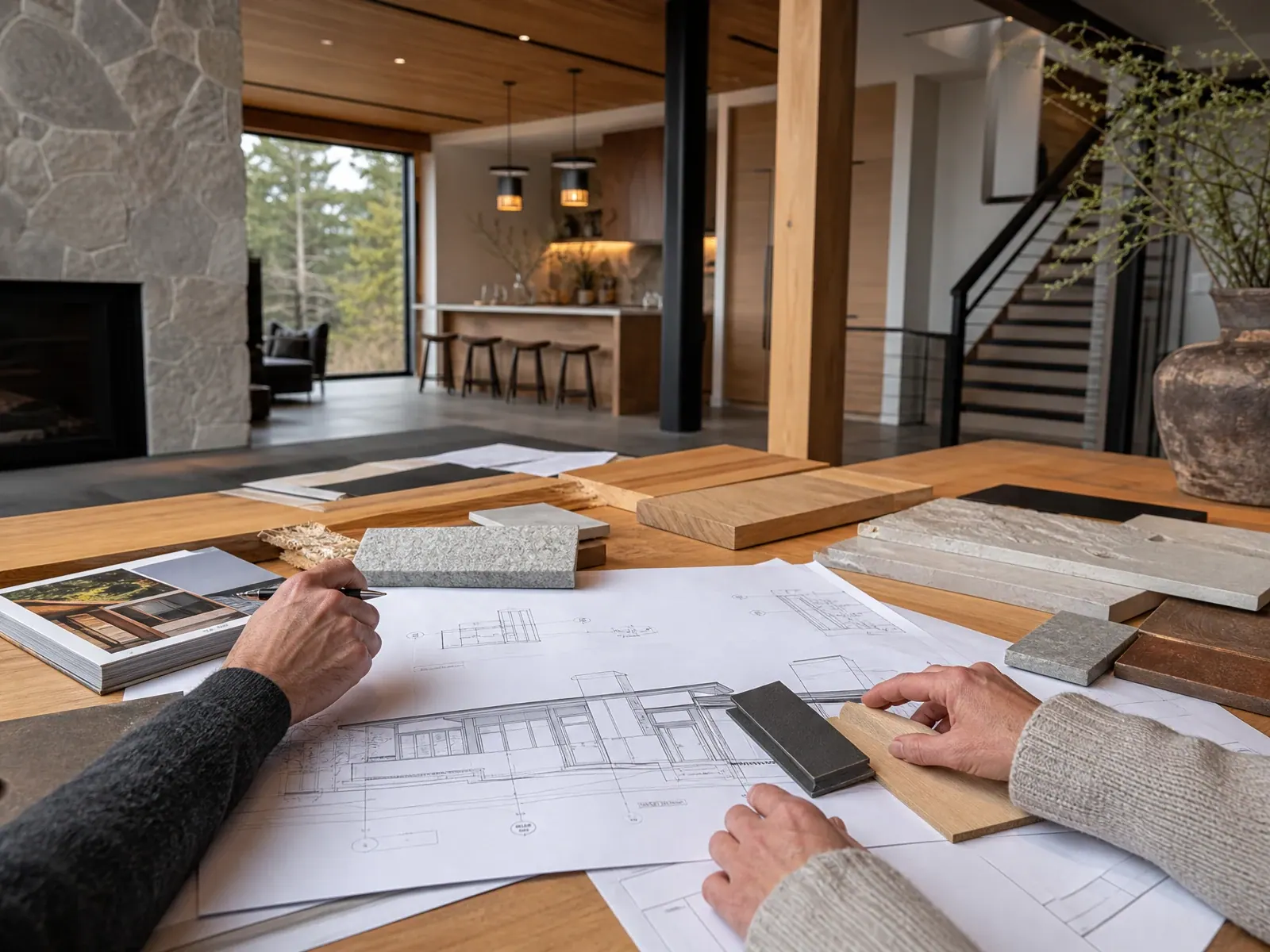 Homeowner and designer reviewing residential plans together