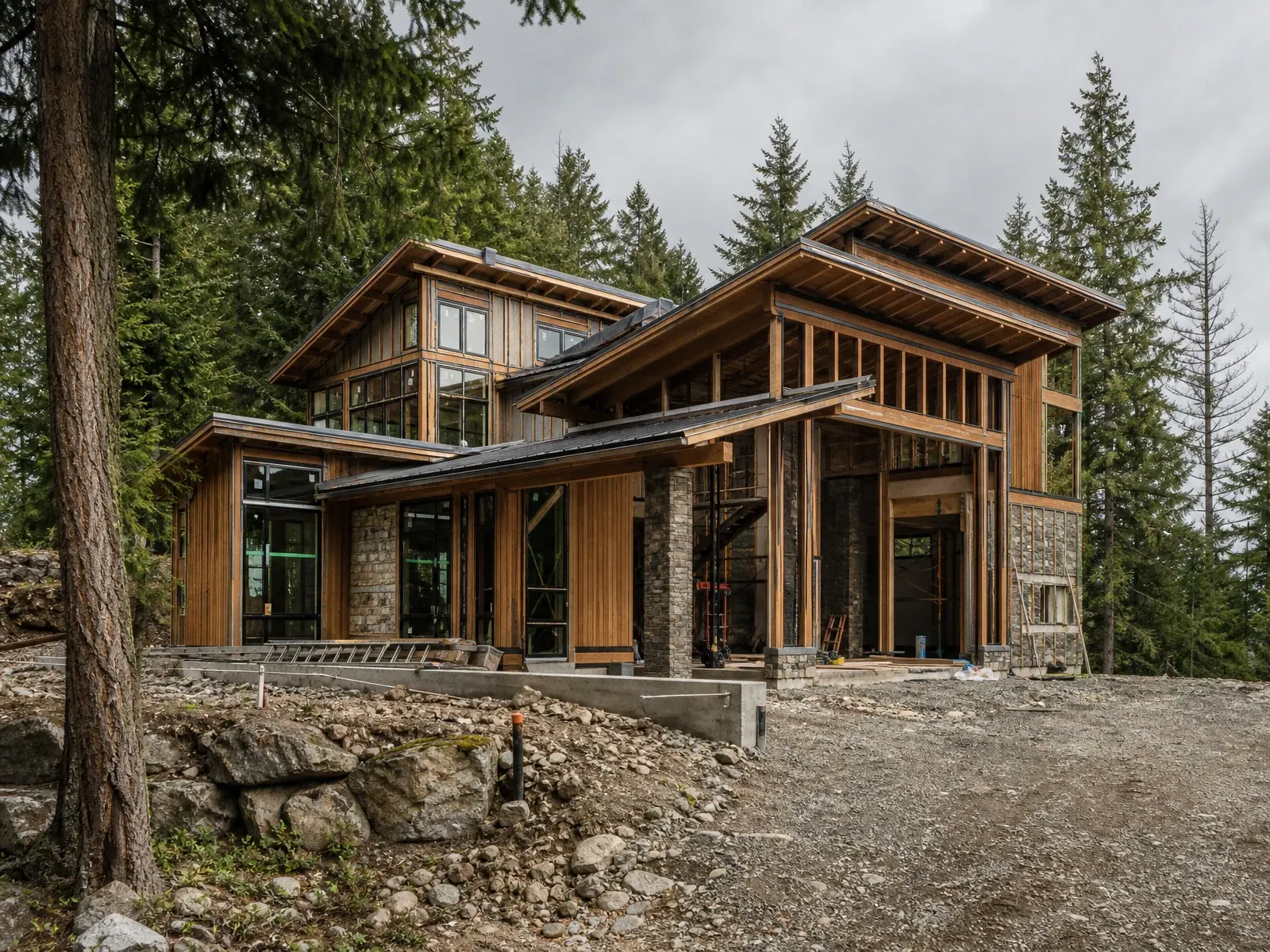 Custom home framing in progress on a residential site