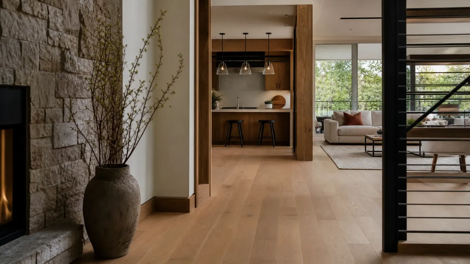 Warm white-oak hardwood flooring flowing from the entry into an open kitchen and living area
