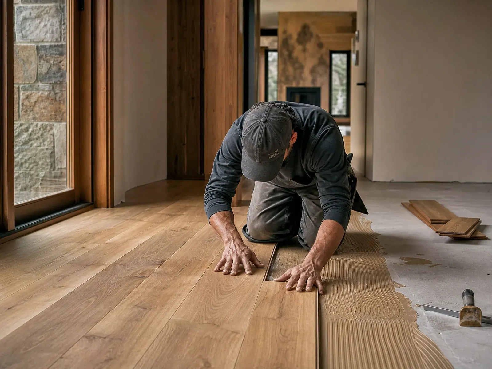 Hardwood flooring installation with precise board alignment