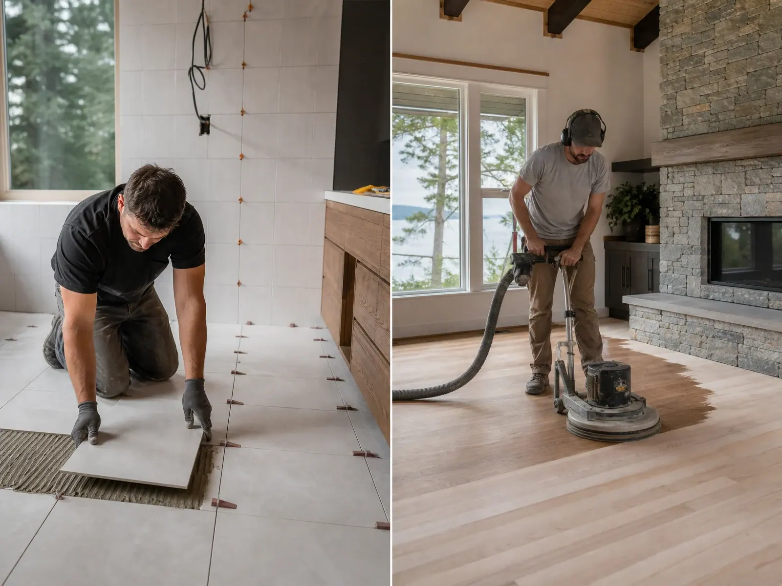 Tile installation and hardwood refinishing work