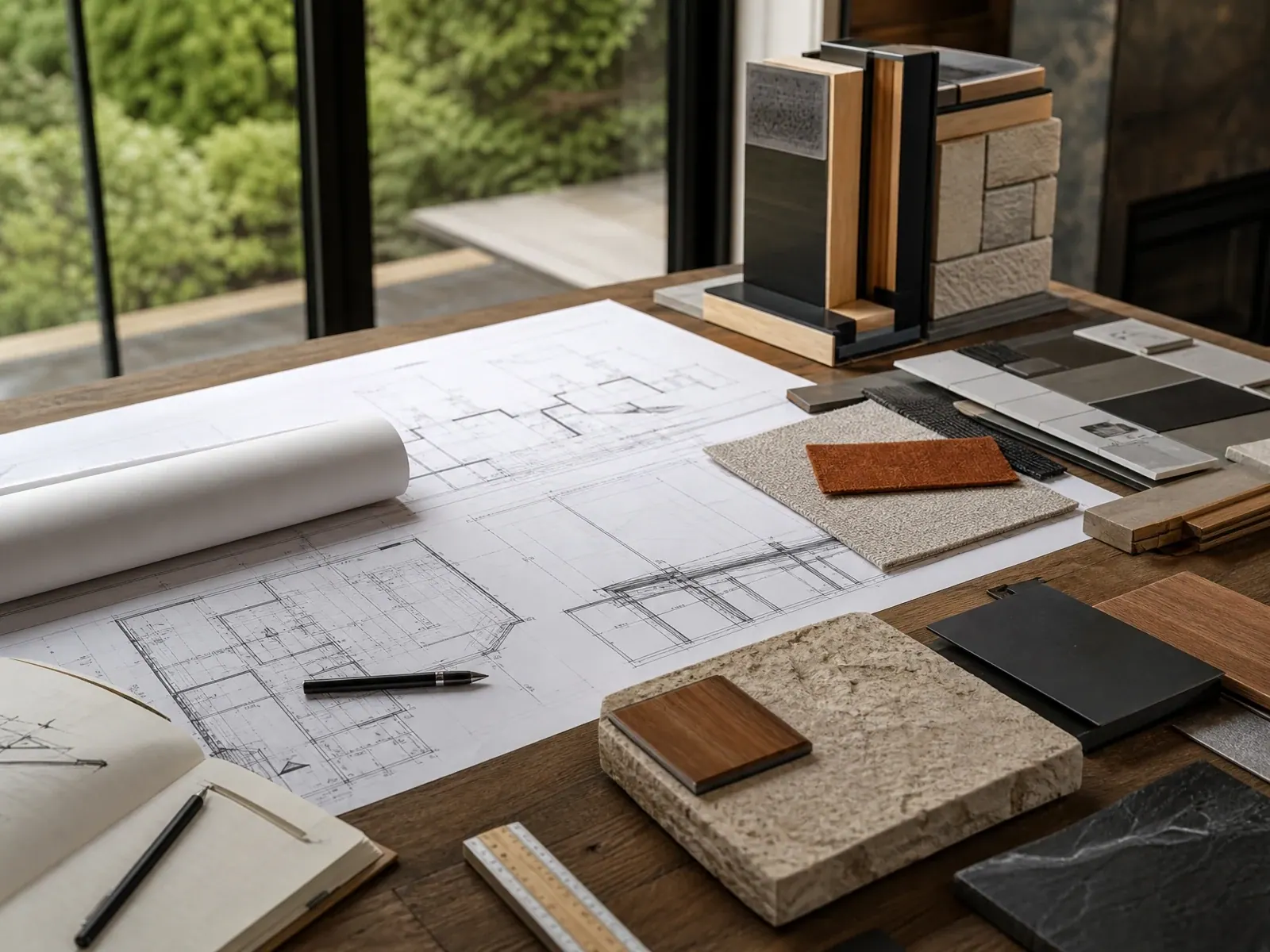Architectural plans and finish samples arranged for design-build planning