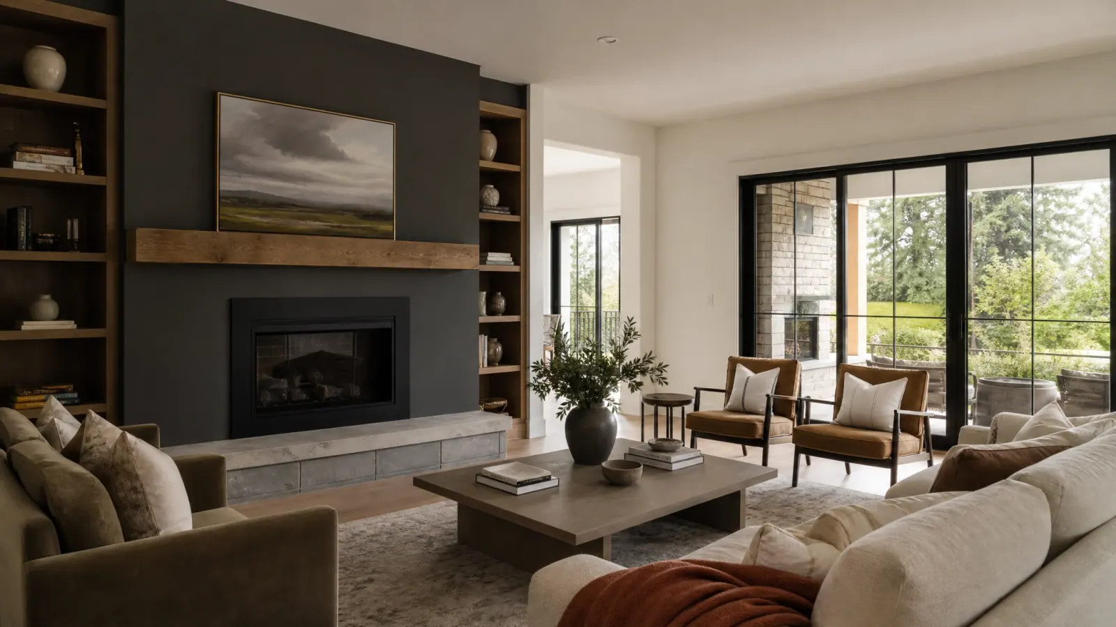 Freshly painted living room with a dark accent wall, white walls, and clean trim