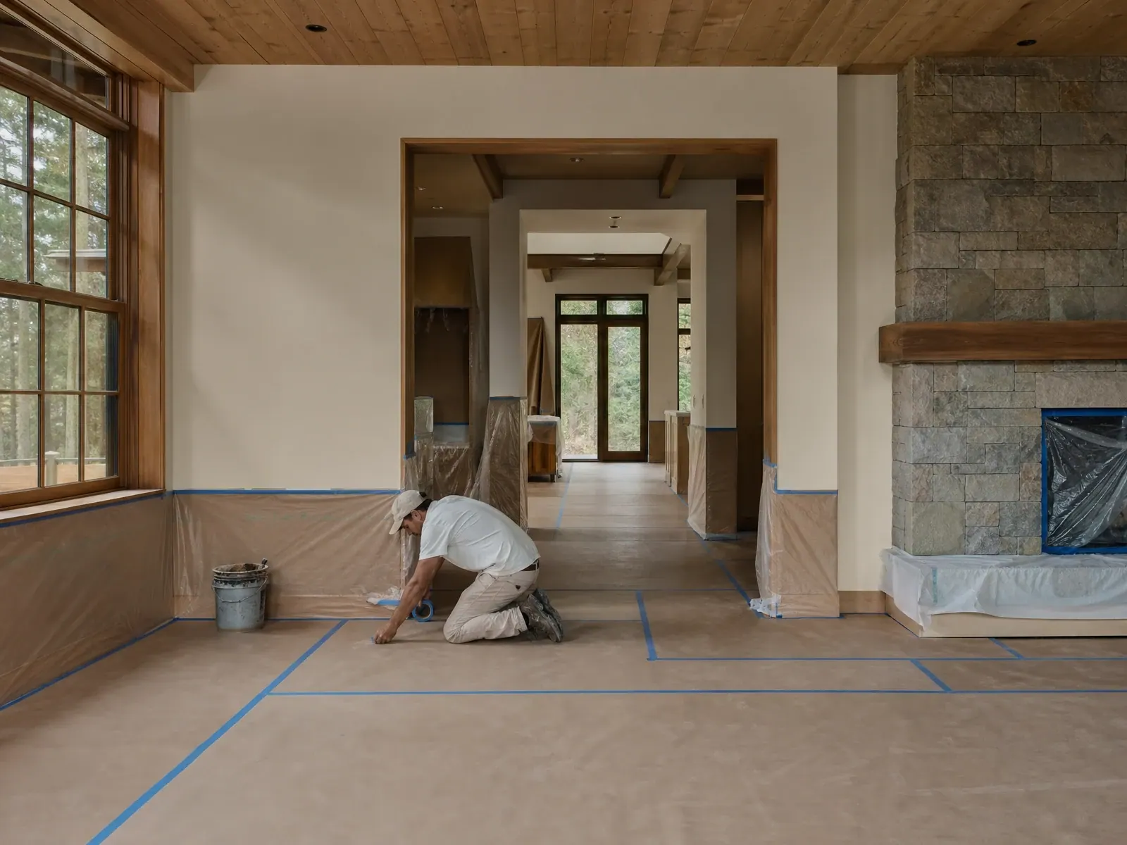 Interior painting preparation with careful masking and floor protection