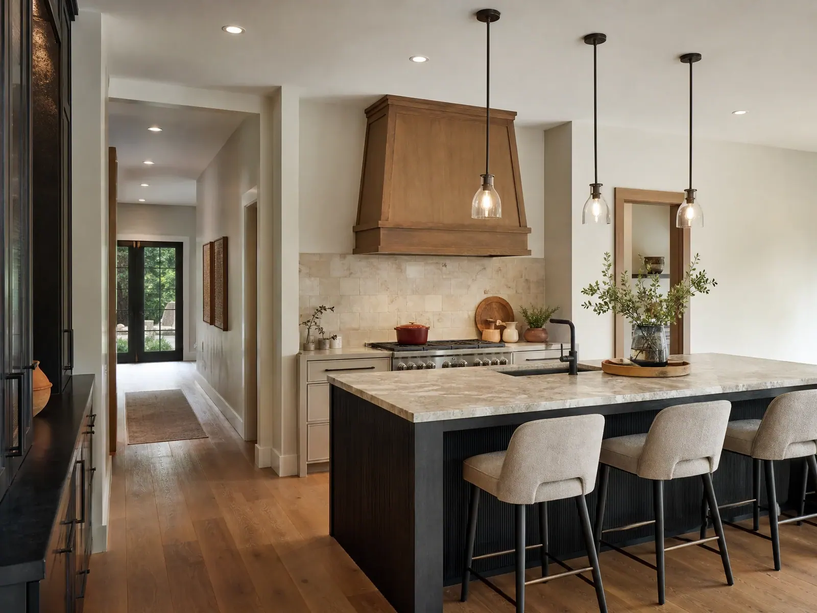 Kitchen island with layered lighting and clear circulation