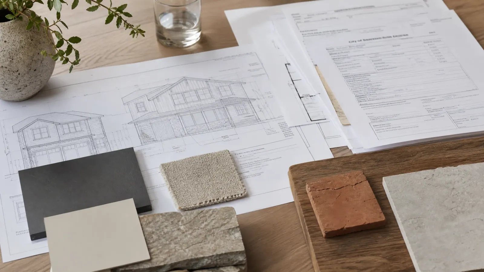 Plans, permit documents, and material selections for a residential project