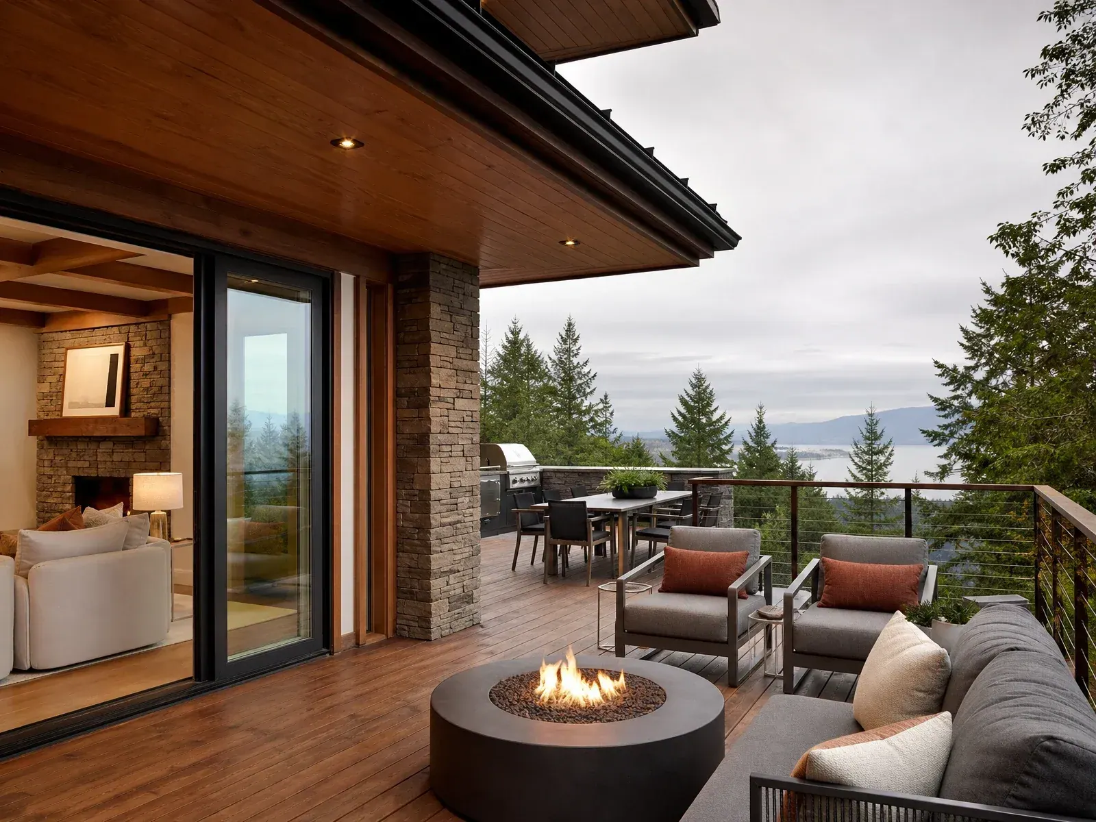 Composite deck with cable railings and integrated steps overlooking a wooded Woodinville yard