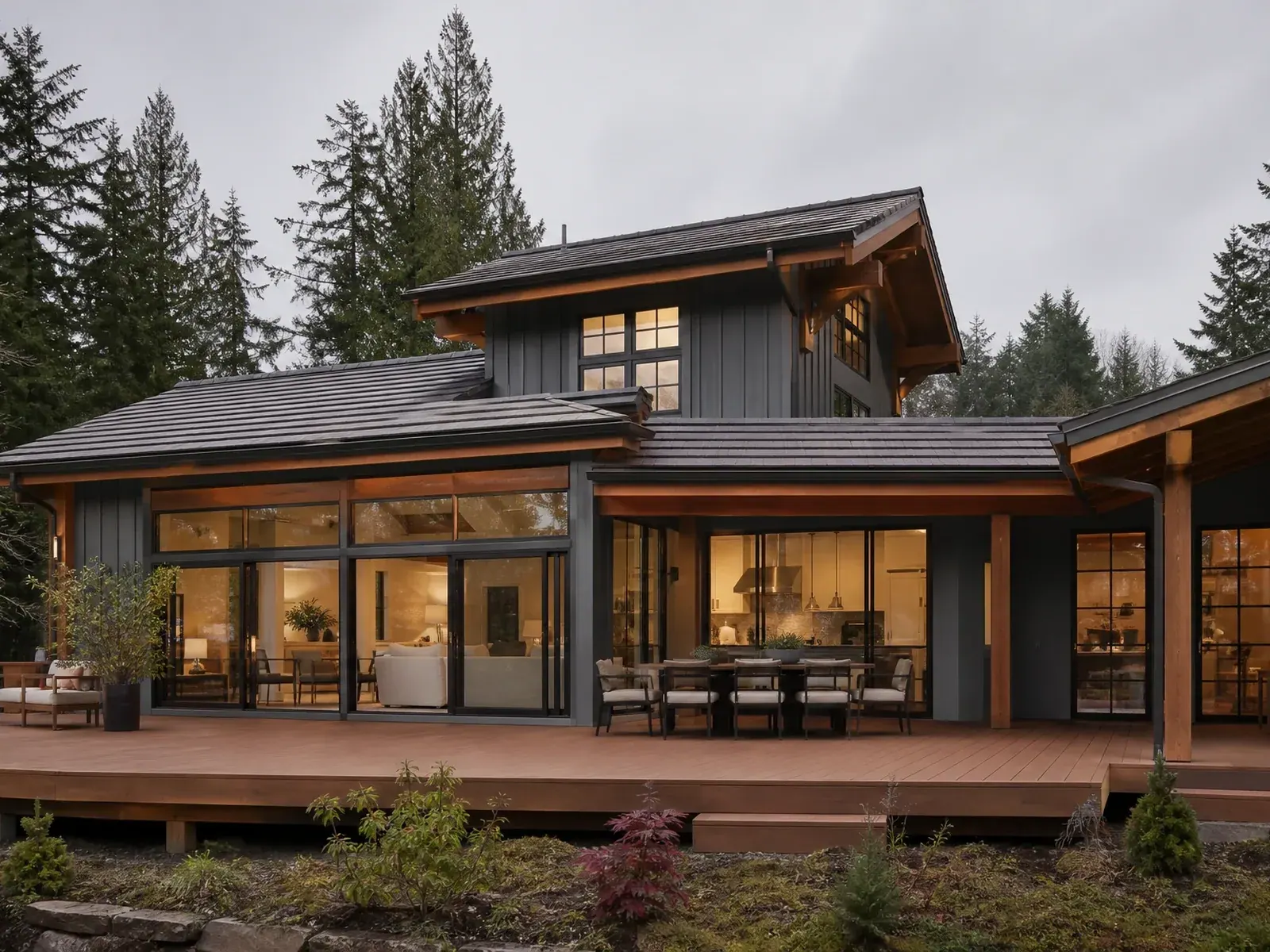 Finished composite deck with railings and built-in seating connected to the home