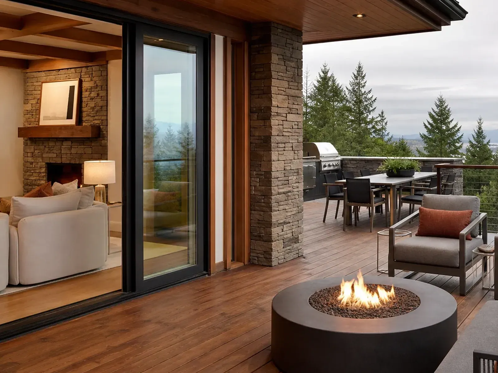 Finished Woodinville deck with a covered outdoor living area, fire feature, and territorial view