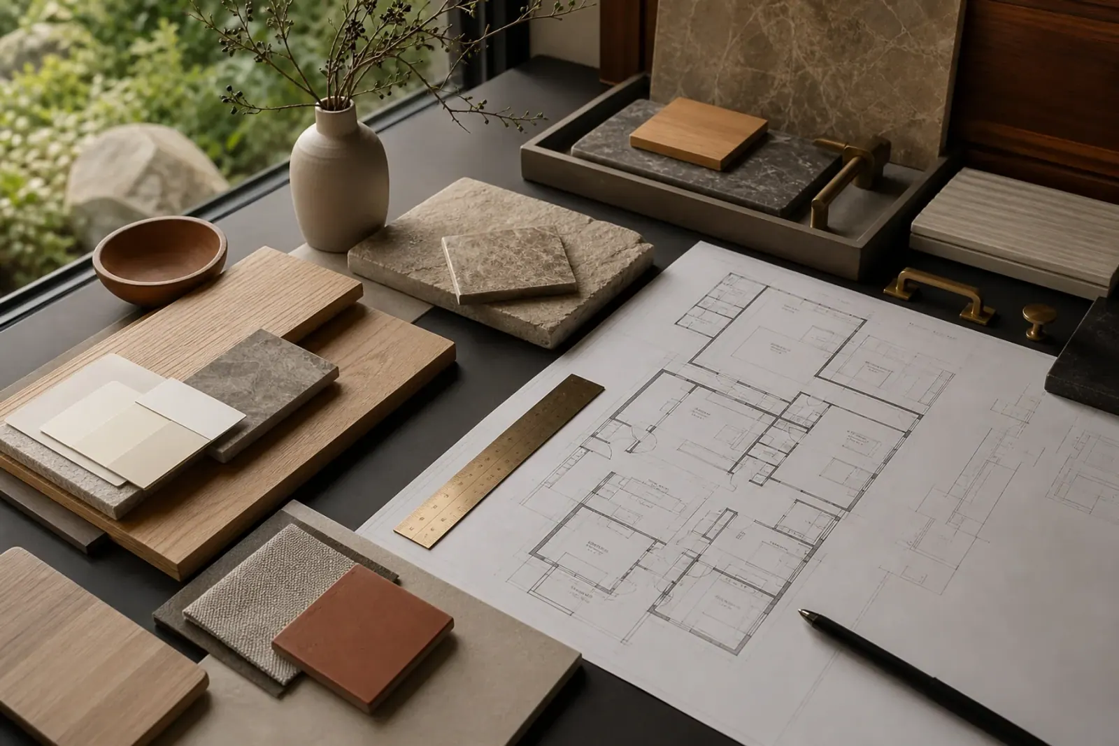 Residential plans and material samples arranged for project planning