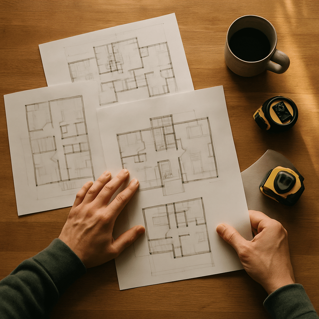 An overhead planning-table scene conveys the consultation and question-answering moment without showing identifiable peo