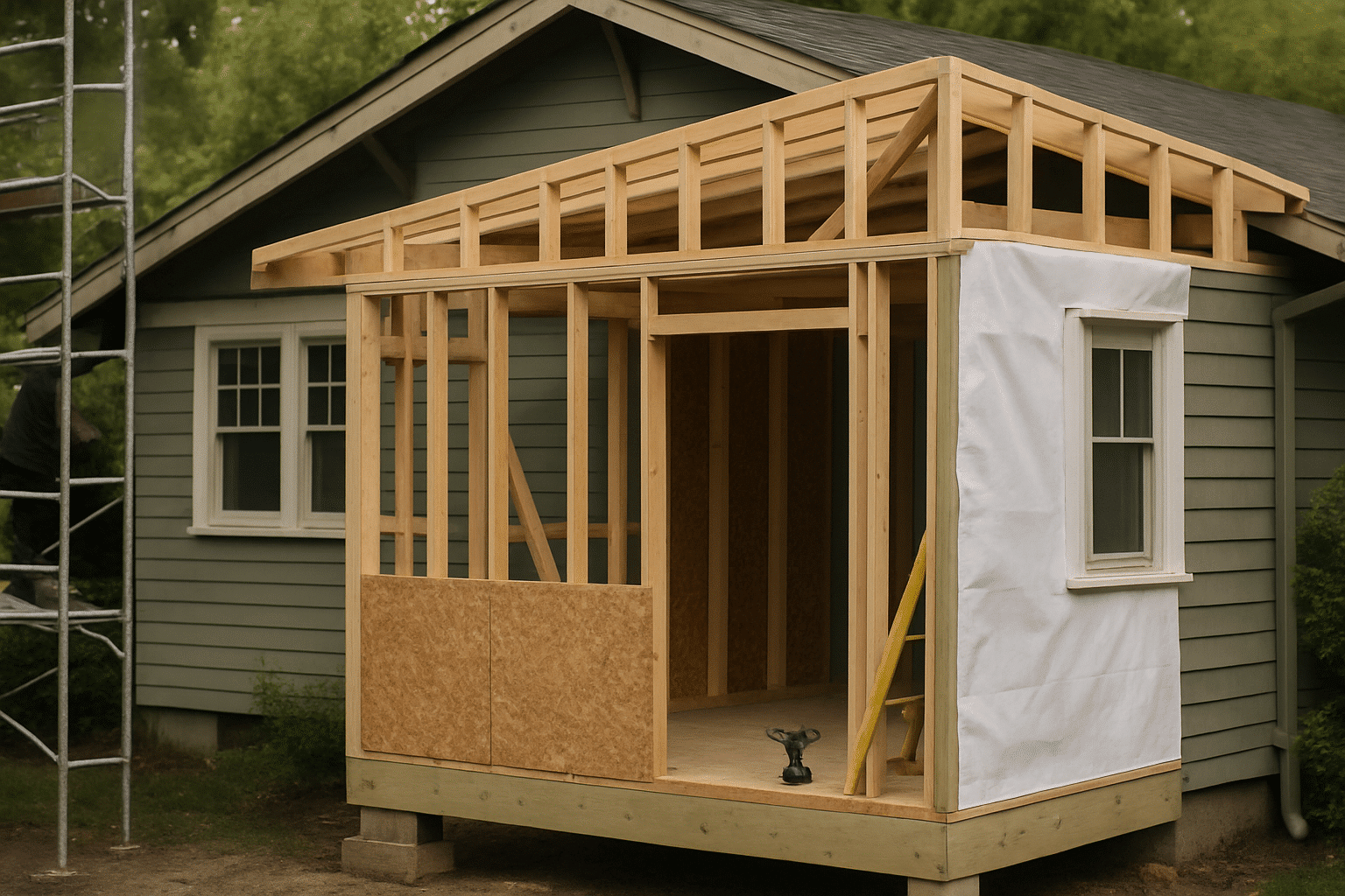 Active construction framing of an addition against an existing home illustrates the delivery and evaluation process for 