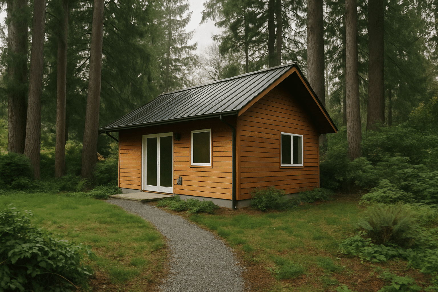 A wide hero shot of a finished DADU on a Seattle-area lot immediately communicates the page's core offering  -  permitte