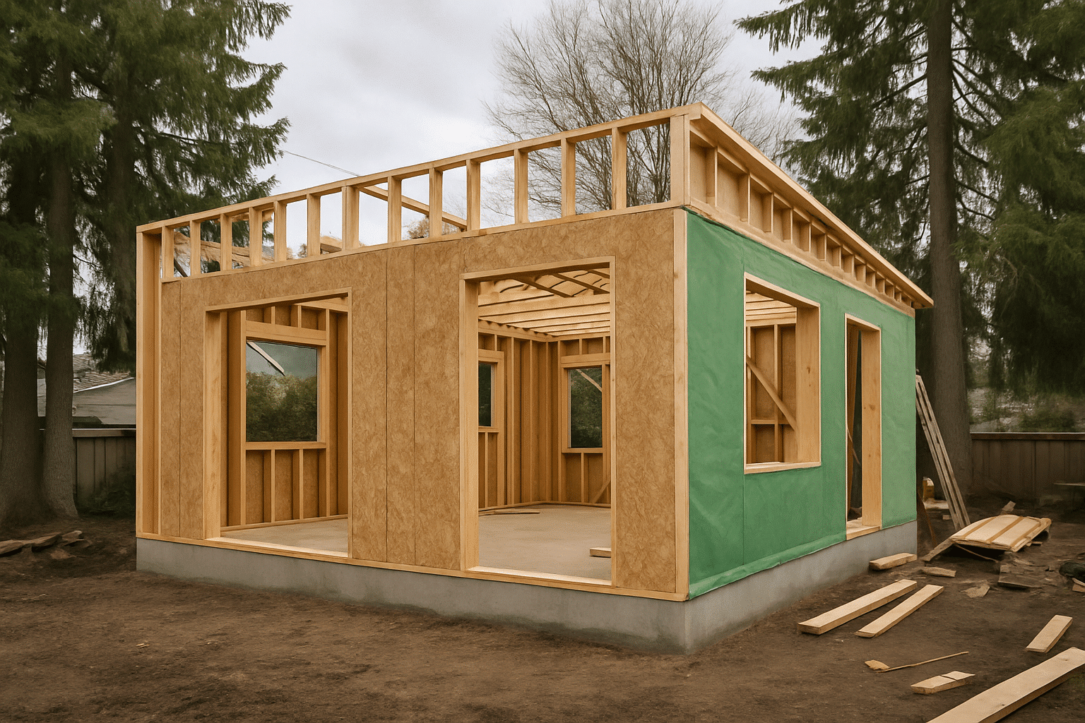 A mid-construction framing shot anchors the permit-to-occupancy narrative with a credible, recognisable stage of the ADU