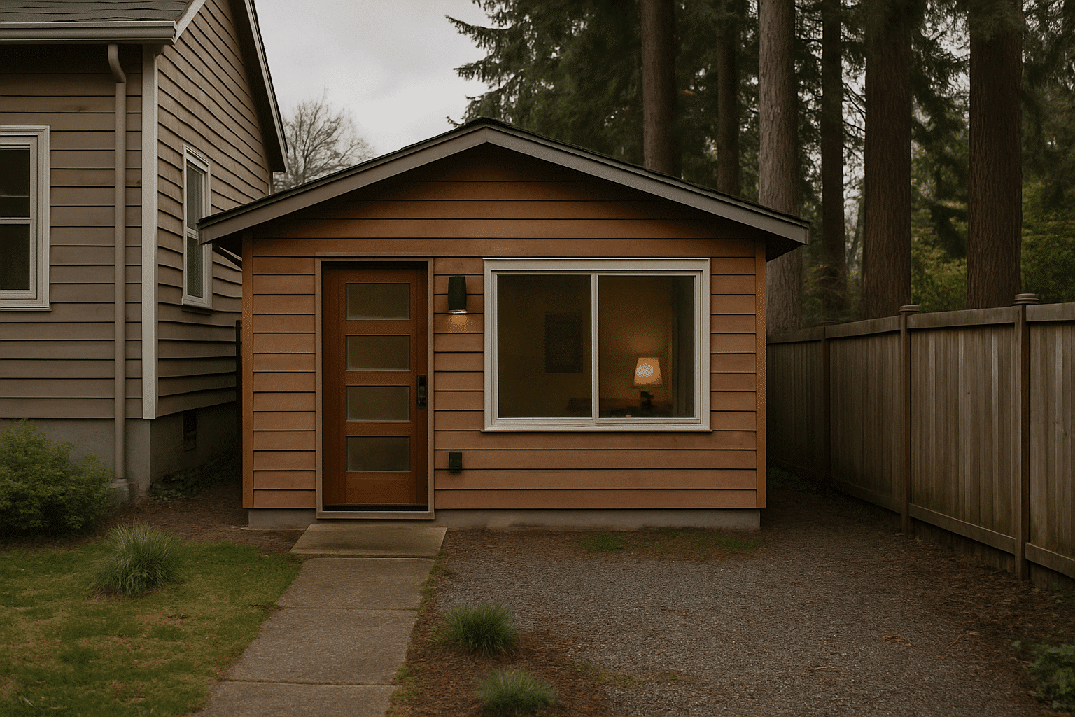 A hero image of a finished garage-to-ADU conversion exterior immediately communicates the service and grounds it in Seat
