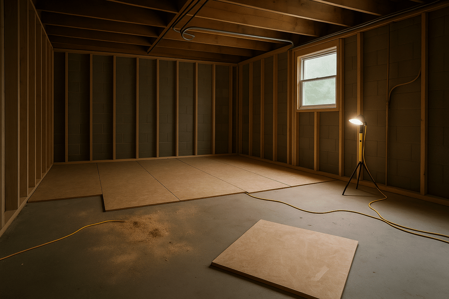 A mid-construction interior scene authentically illustrates the conversion process without implying a finished documente