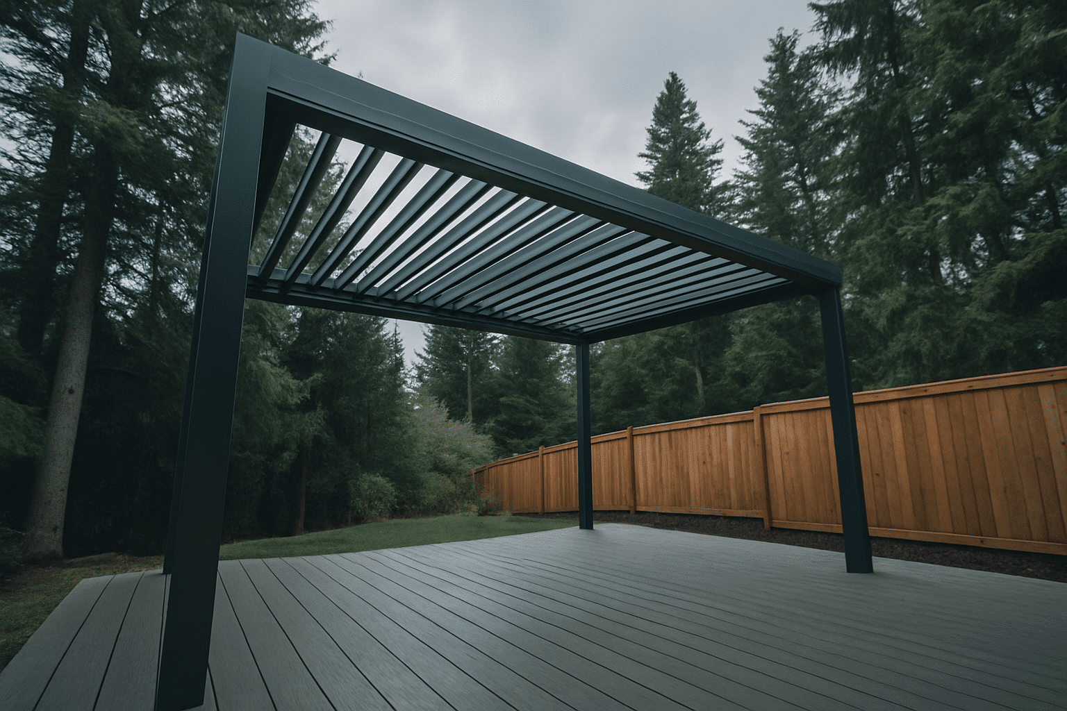 A full-width hero needs a commanding, wide establishing shot that immediately communicates engineered aluminum louvered