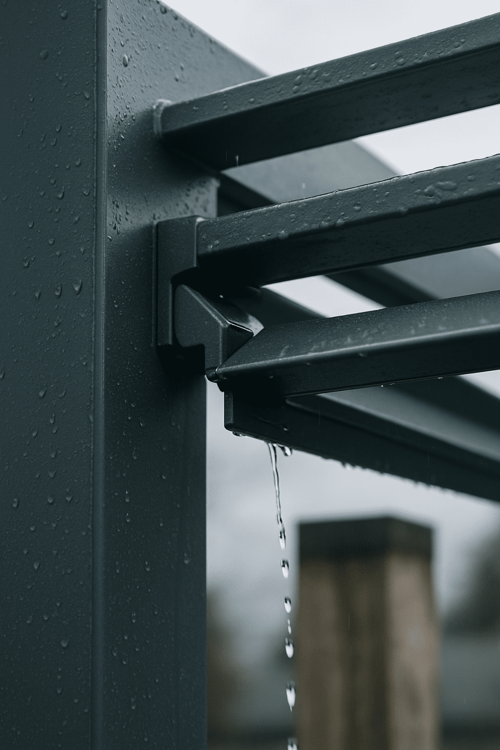 The section contrasts aluminium durability with wood's limitations - showing water shedding off aluminium with weather