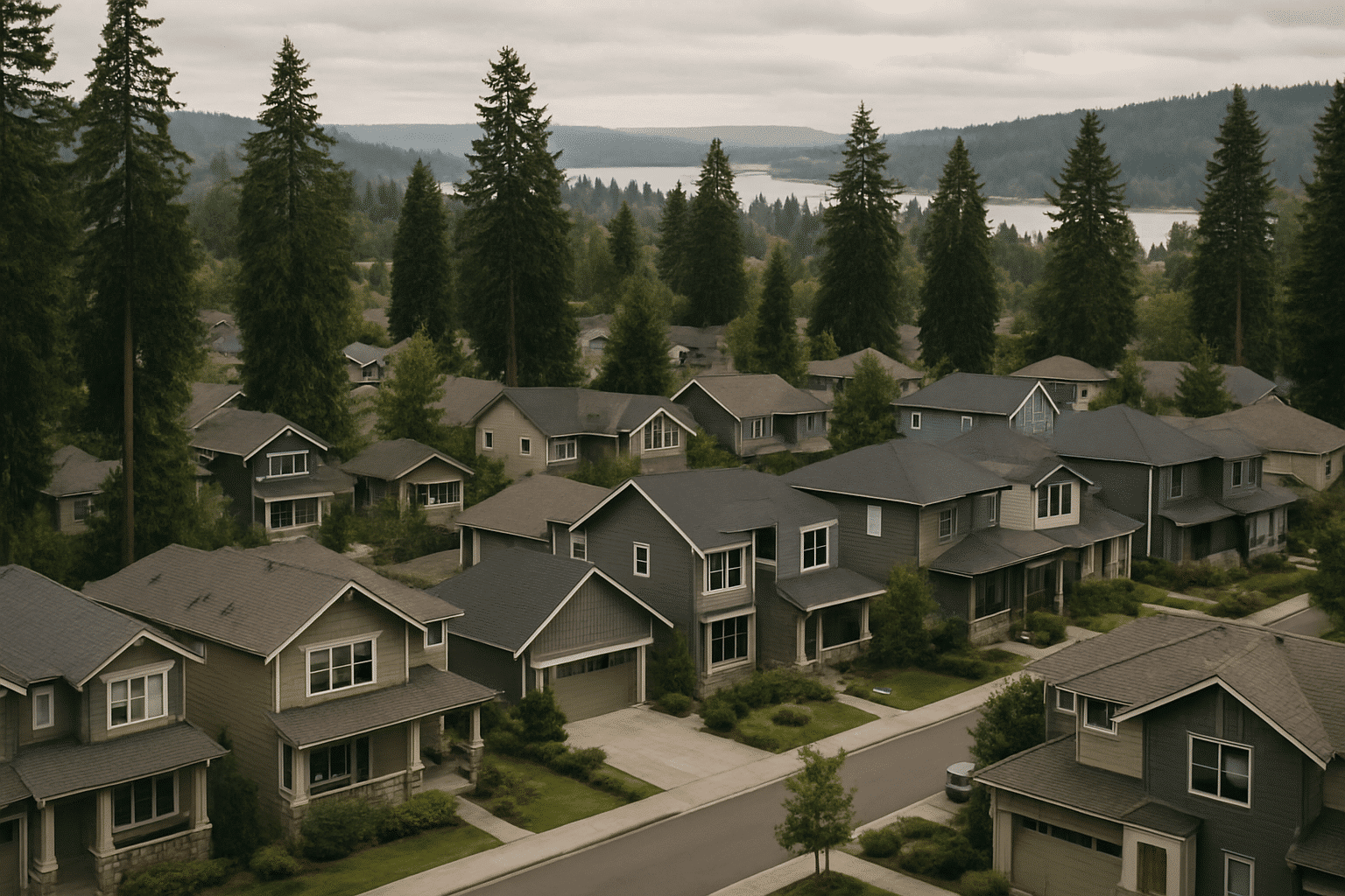 A recognisable Pacific Northwest residential landscape spanning Bellevue-Kirkland-Sammamish geography grounds the servic