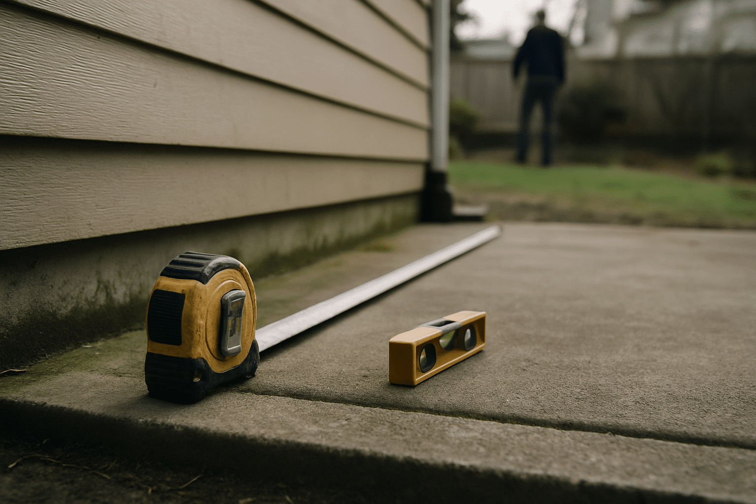 The section is about pre-installation site evaluation - tools on an actual concrete slab next to a Seattle-style house
