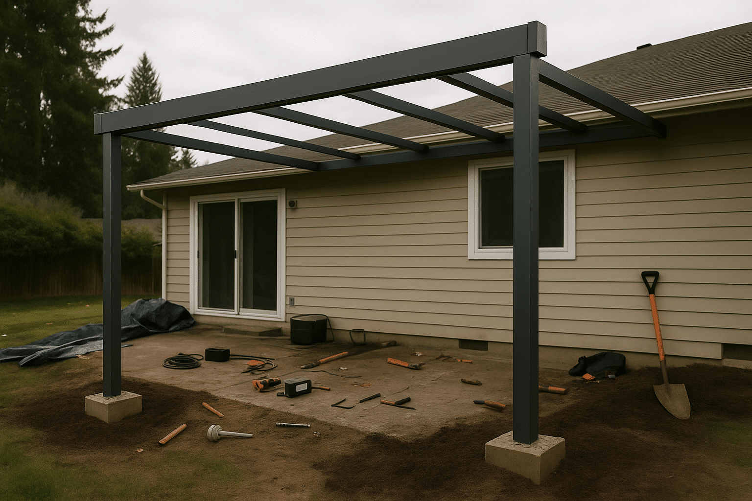 The start-to-finish process section benefits from a mid-installation scene that shows the structural assembly in progres