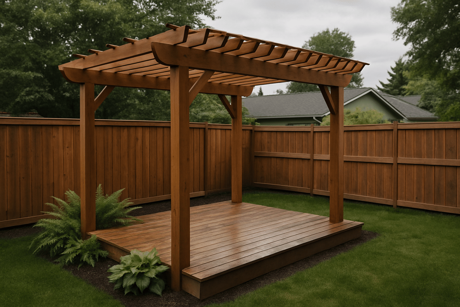 The hero image needs to show a pergola doing double duty - shading and blocking sight lines - in a recognisably dens
