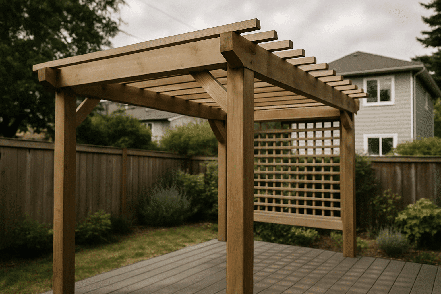 Illustrates the dual-purpose concept - shade plus privacy screening - in a dense urban backyard context.