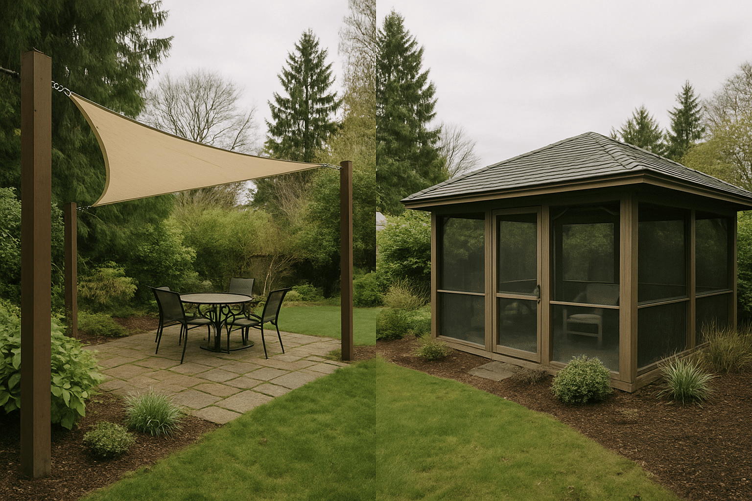 Visually represents the honest comparison between shade structure types suited to Seattle's rainy climate.