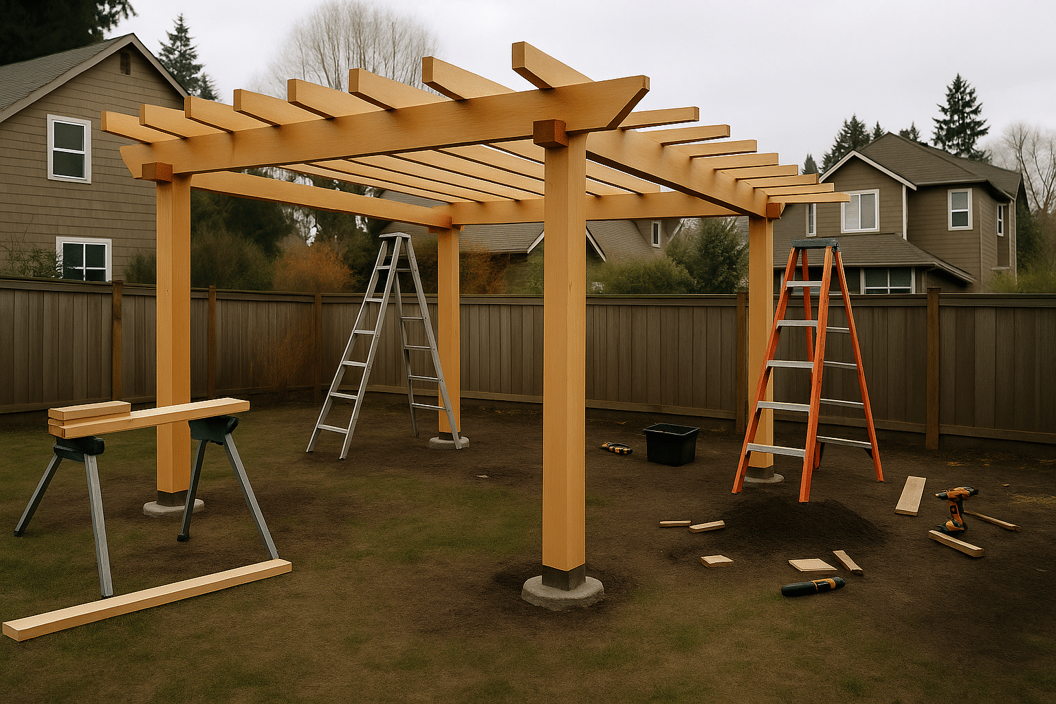Depicts the active construction phase of a pergola project, communicating a clear, professional process narrative.