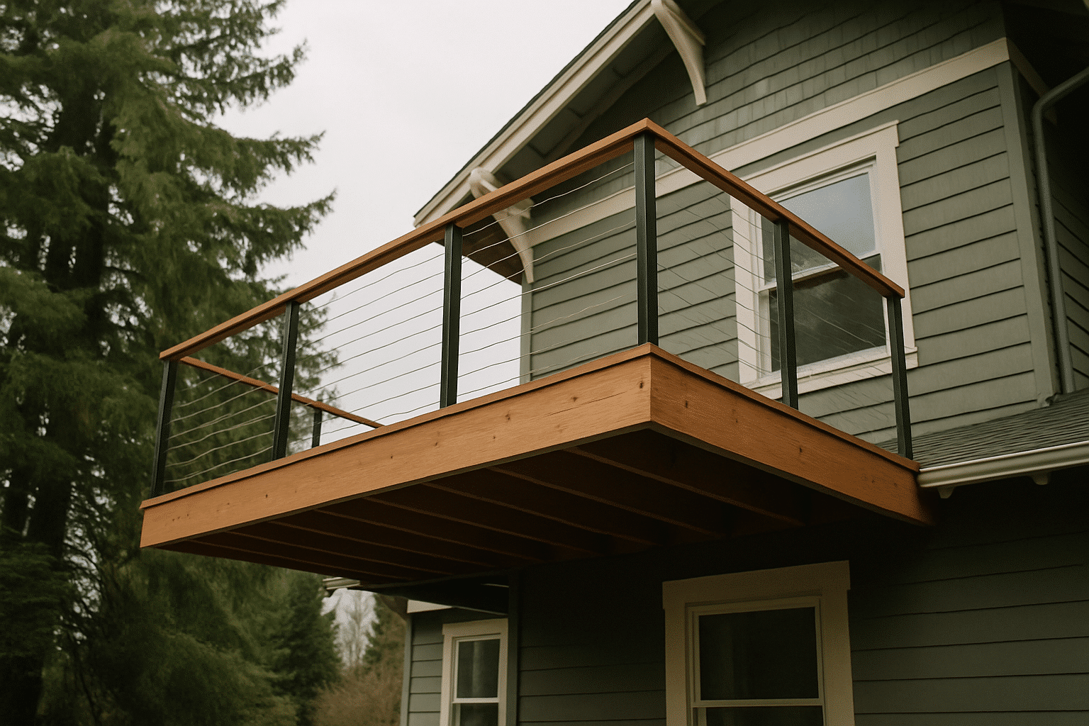Establishes the hero image with a structurally attached balcony over living space below, grounded in Seattle residential