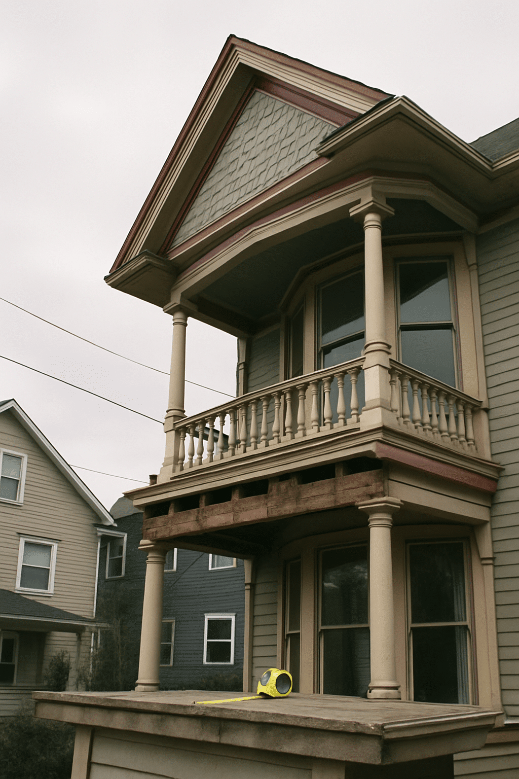 Grounds the assessment case study in the specific Queen Anne architectural style and upper-floor balcony context describ