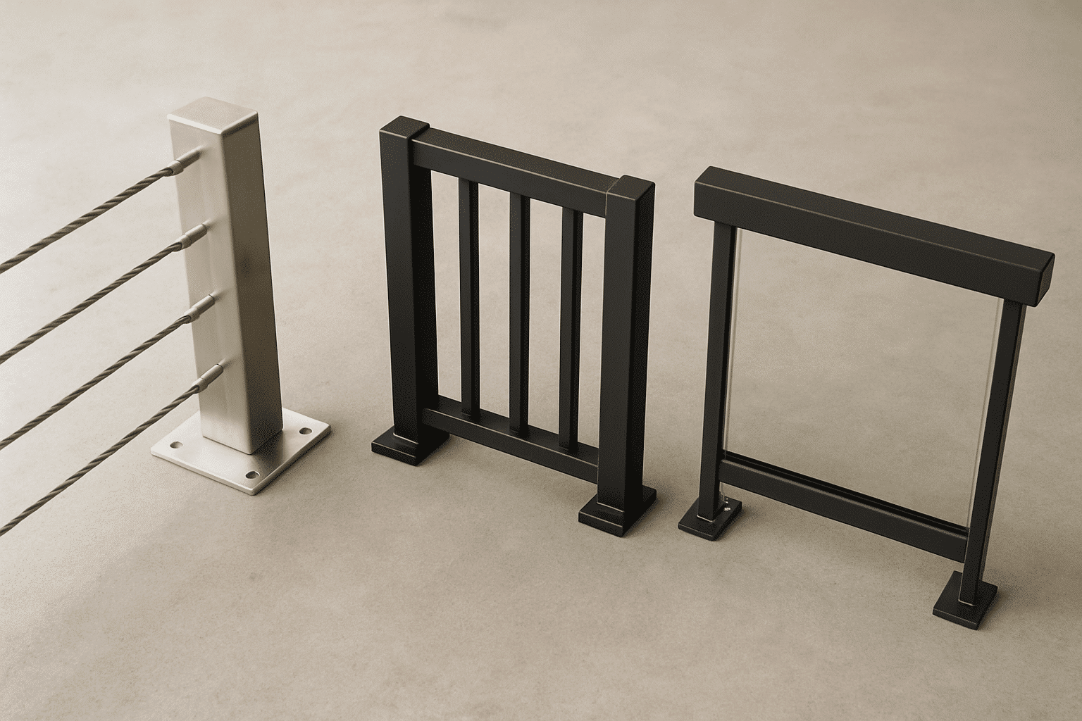 Shows railing options as a design-phase selection decision, supporting the message that railings are chosen during desig
