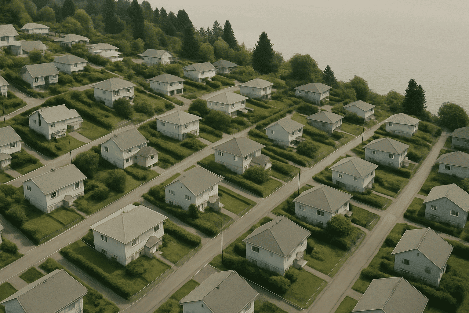Conveys Seattle's hillside and waterfront terrain as a geographic service-area figure without using a real map or any la