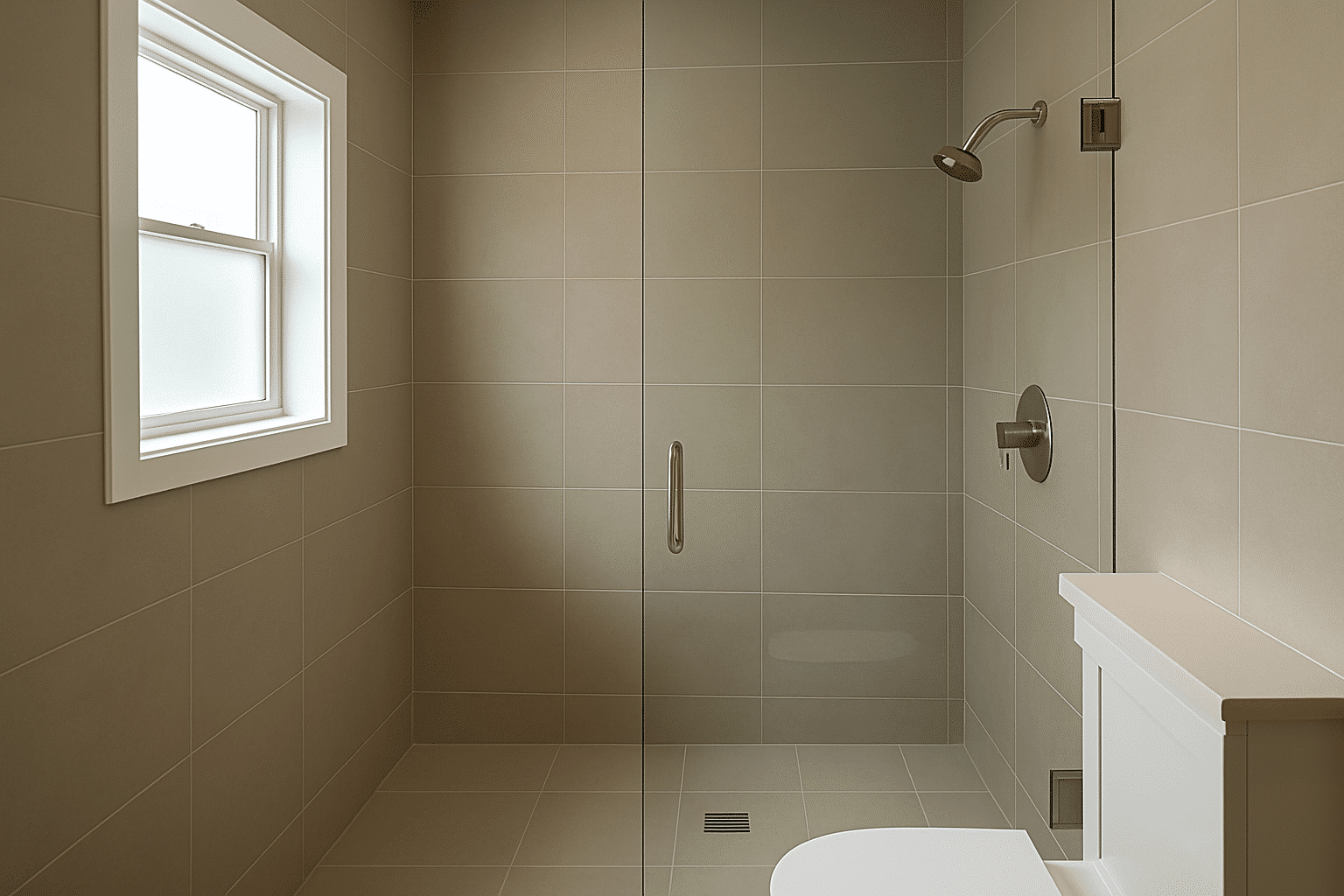 A hero shot of a finished, tile-and-fixture bathroom directly illustrates the heading about tile, fixtures, and waterpro