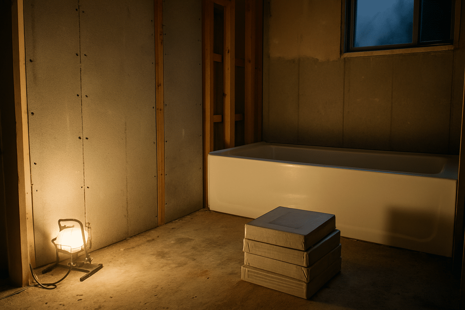A mid-construction scene showing materials, framing, and rough-in captures the breadth of what a full bathroom remodel a