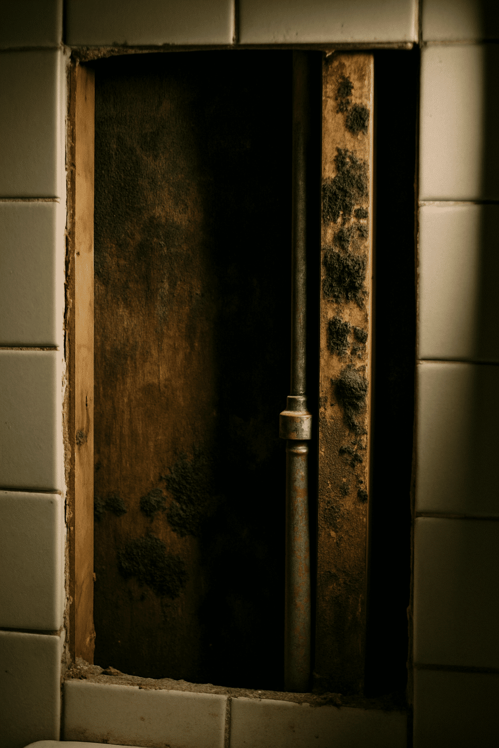 Exposed wall damage  -  mould, rot, and old pipe  -  visually tells the story of what contractors find behind tile durin