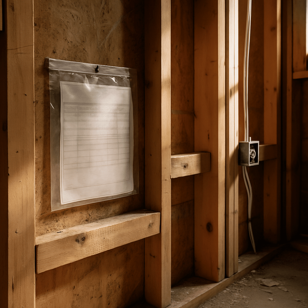 A permit card on a framed bathroom wall illustrates the permit-versus-no-permit discussion in an honest, jobsite-documen