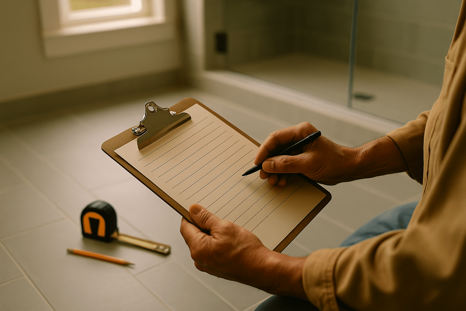 Hands reviewing a checklist in a finished bathroom evokes the diagnostics-through-final-inspection process narrative wit