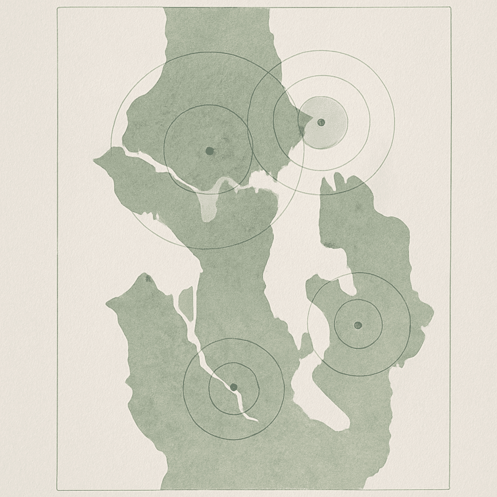 A label-free, abstract geographic schematic conveys the multi-city Seattle service area visually without reproducing any
