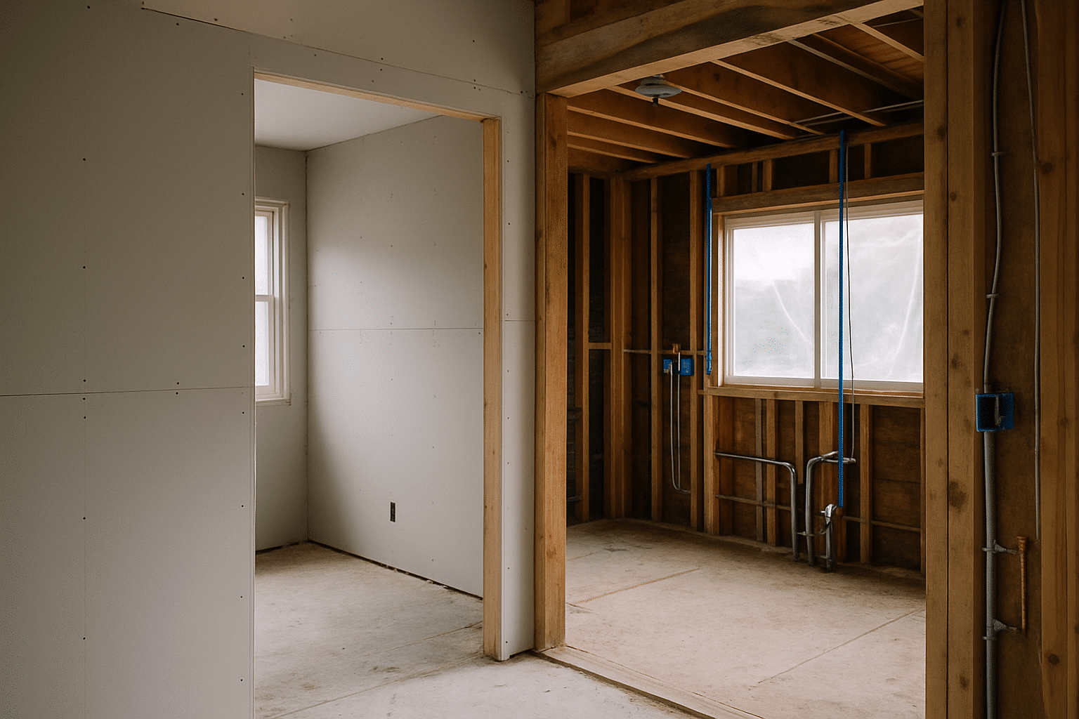 Showing multiple renovation systems in progress illustrates the breadth of scope a complete home renovation actually cov