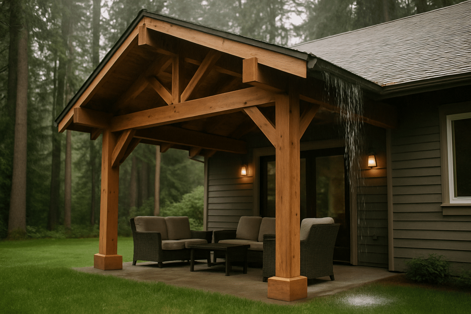 Hero image needs to immediately convey year-round usability under Seattle's rain - a covered patio in wet overcast lig