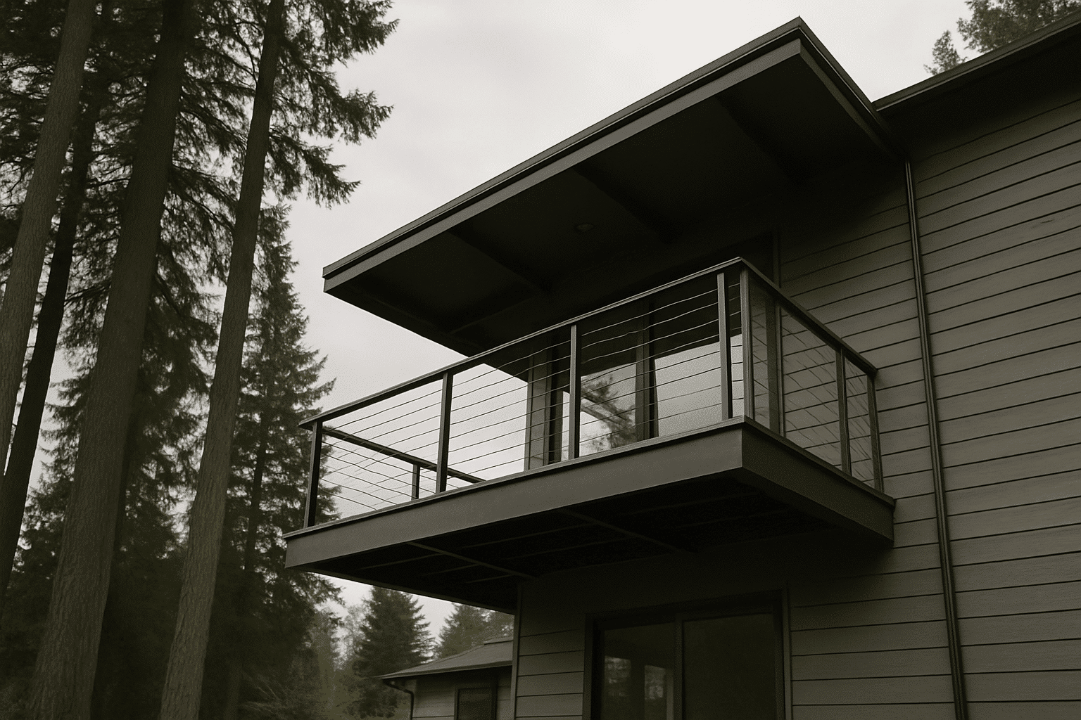 A hero image needs an arresting, representative scene - a finished custom steel-cable balcony on a PNW home anchors th