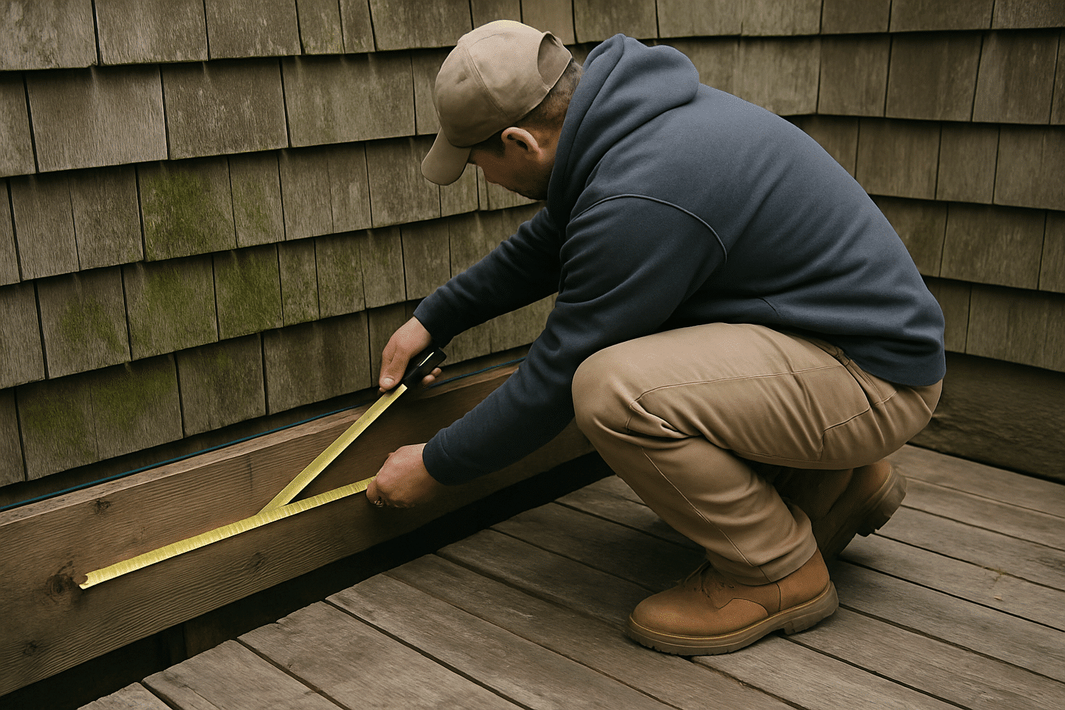 The section is about the pre-design site assessment, so a hands-on measurement scene at the structural connection point