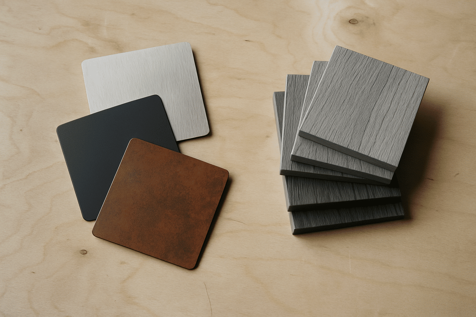 Material specification is the section's subject; a curated flat-lay of metal rail and decking samples visually represent