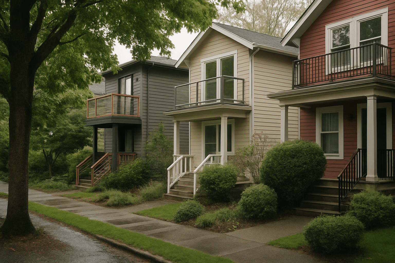 The section showcases projects across Greater Seattle; a street-level view capturing varied balcony styles on real-looki