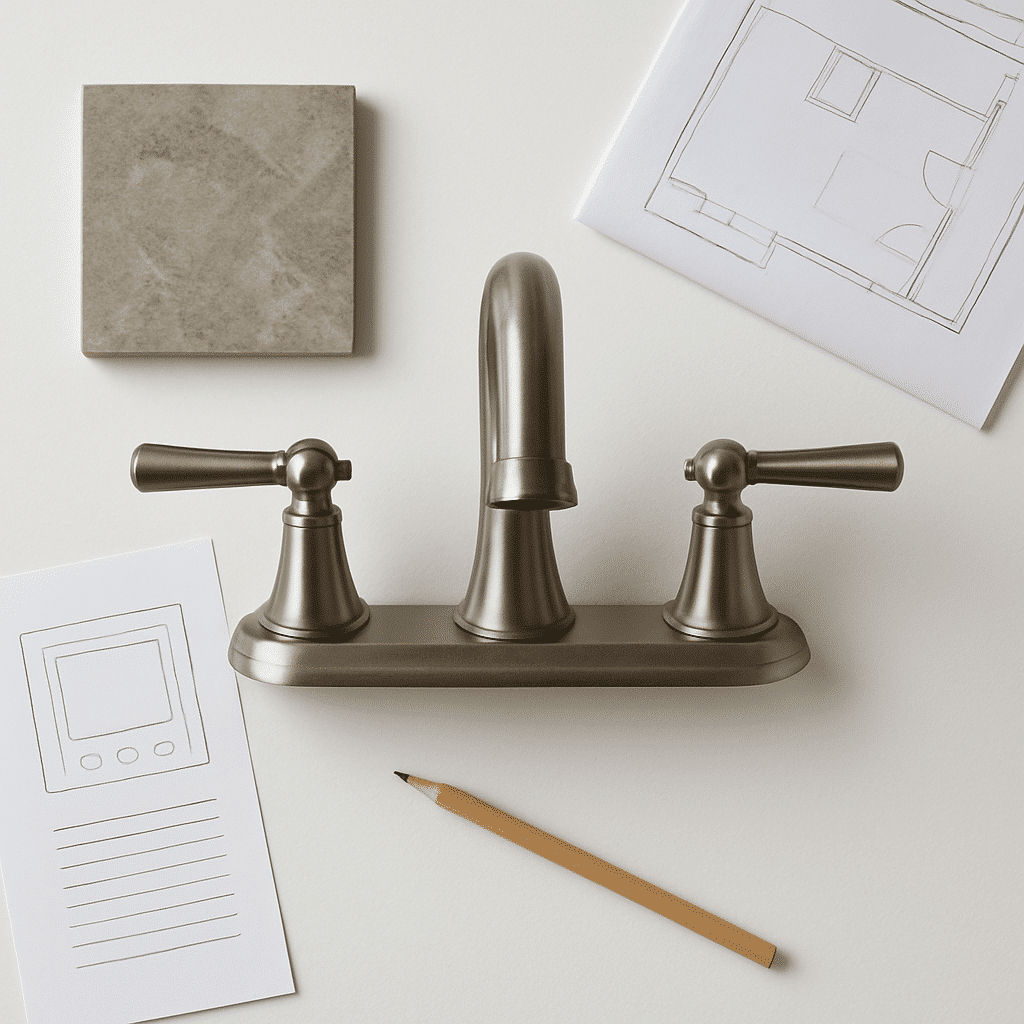 The heading focuses on how features are specified and built; a material and hardware selection flat-lay communicates the