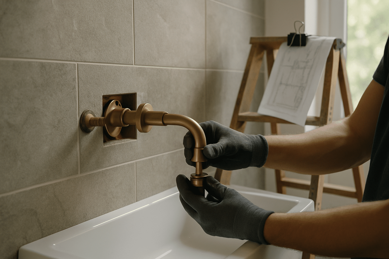 The heading spans permit drawings through final fixture installation; showing gloved hands setting a fixture with a perm