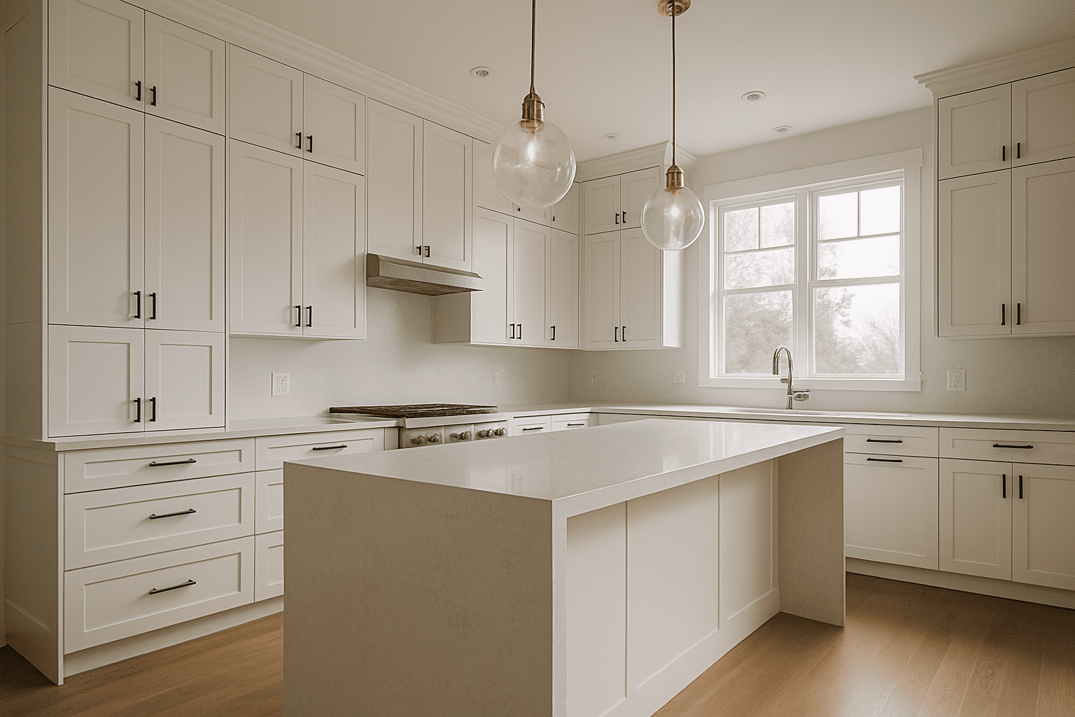 Hero slot needs a dramatic, high-impact scene that directly illustrates the floor-to-ceiling millwork and waterfall isla