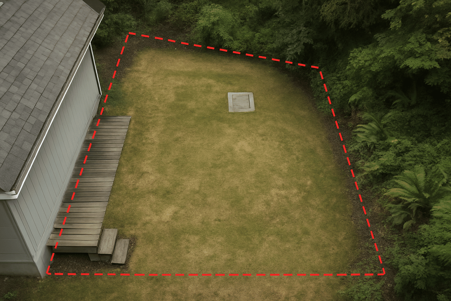The bird's-eye perspective communicates site evaluation - setbacks, coverage limits, utility locations - before any